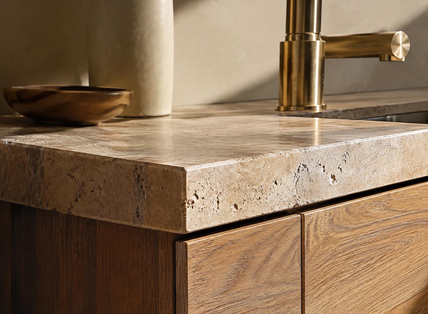 Travertine countertop and oak cabinetry detail