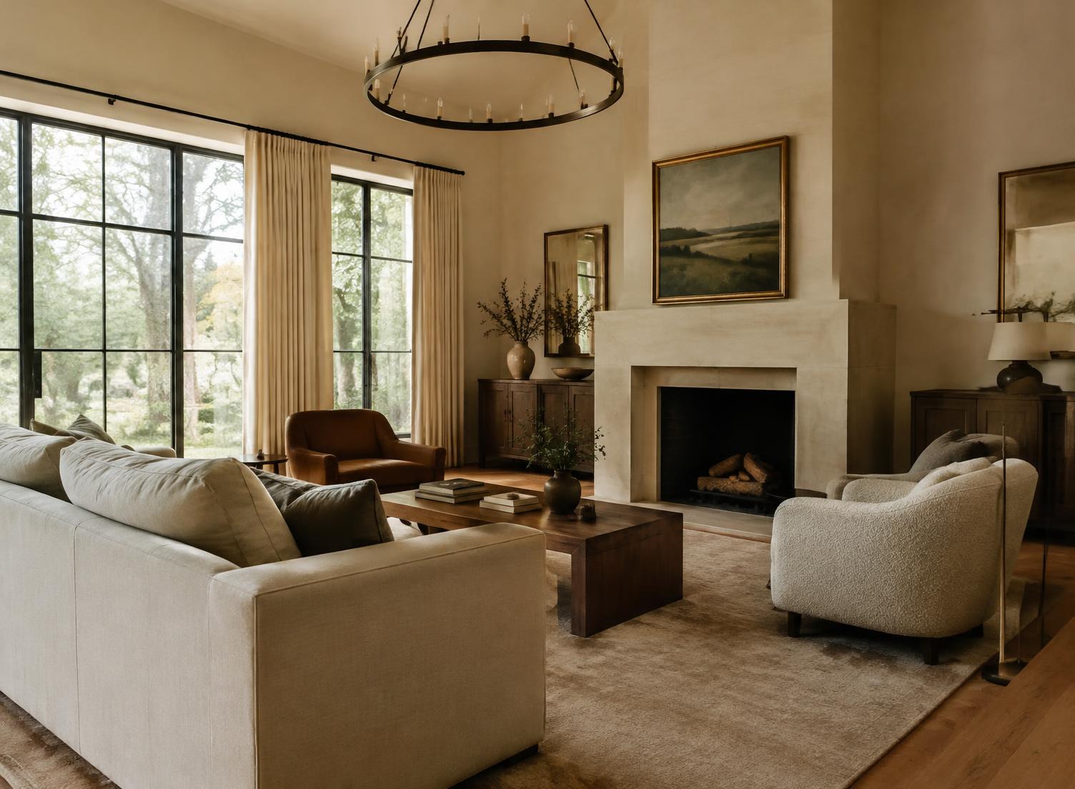 Warm neutral living room with plaster fireplace